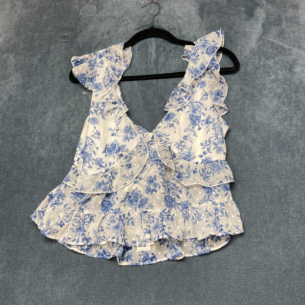 Francesca's Angie Floral Flutter Sleeve Blouse Womens Large Blue V-Neck Bow Back